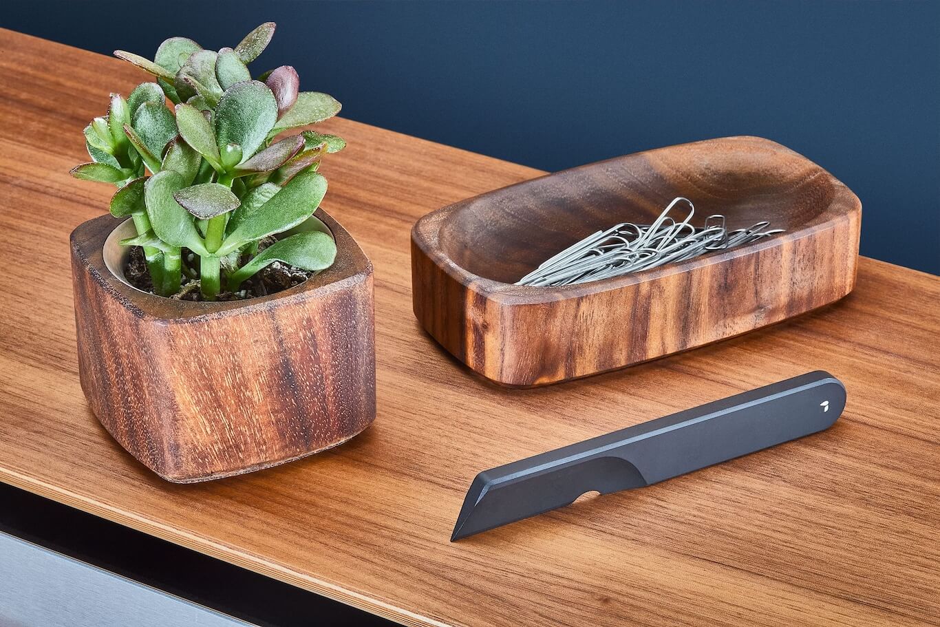 Task knife on their desk shelf